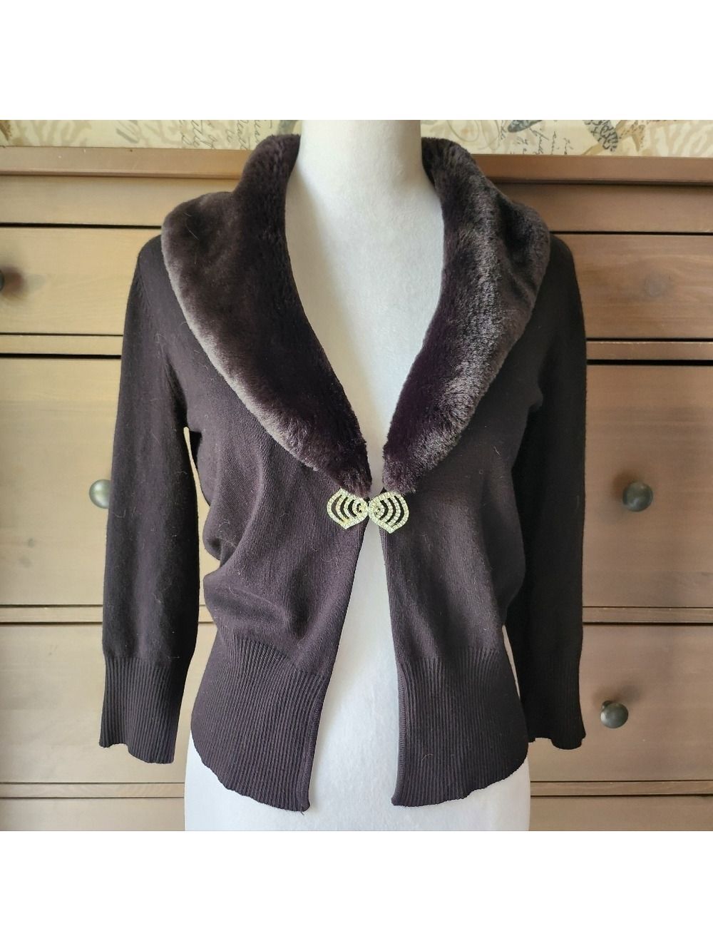 Black Faux Fur Collar Cardigan with Rhinestone Clasp